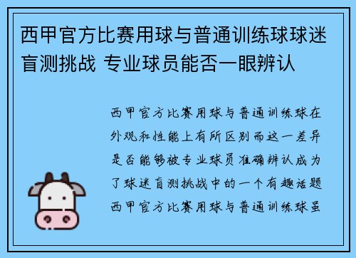 西甲官方比赛用球与普通训练球球迷盲测挑战 专业球员能否一眼辨认